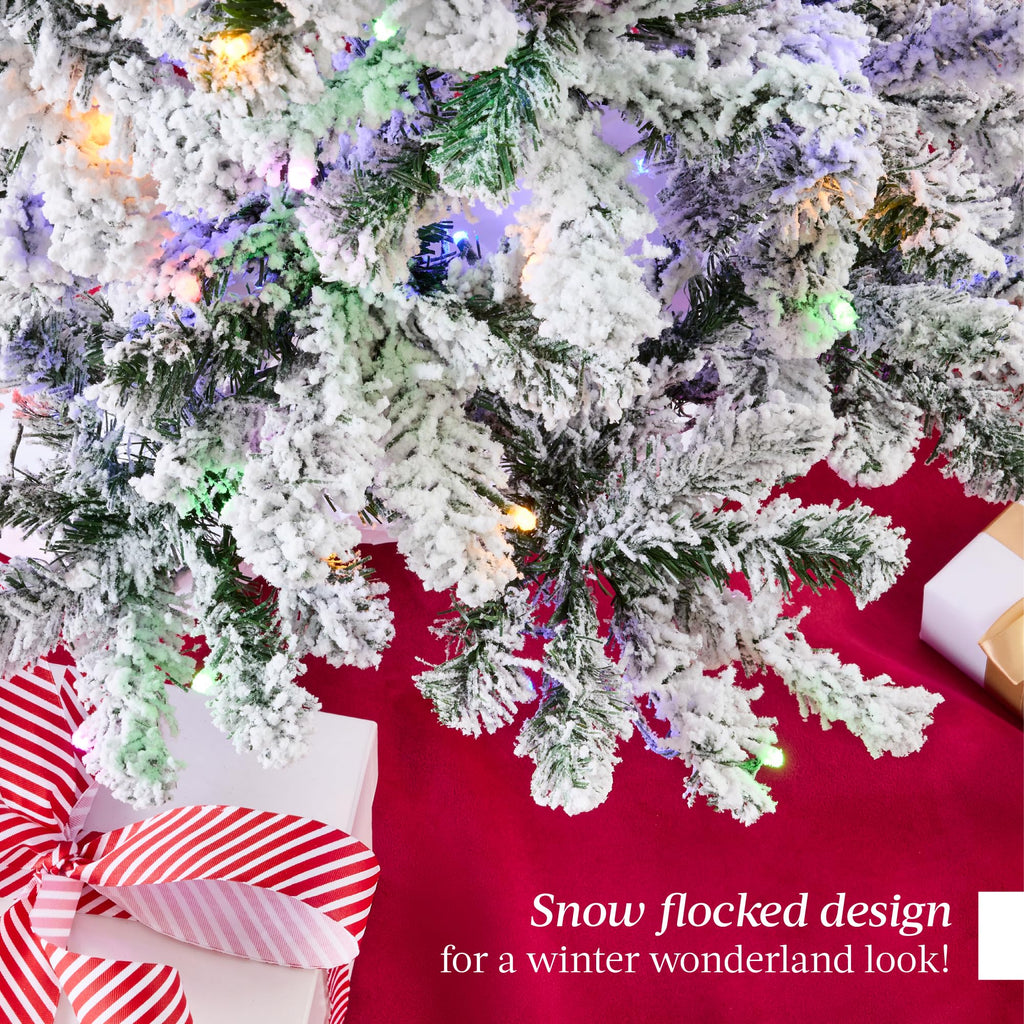 Flocked Pencil Christmas Tree, Pre-Lit Slim 12ft Artificial Holiday Decoration, 2-in-1 White & Multicolor Lights