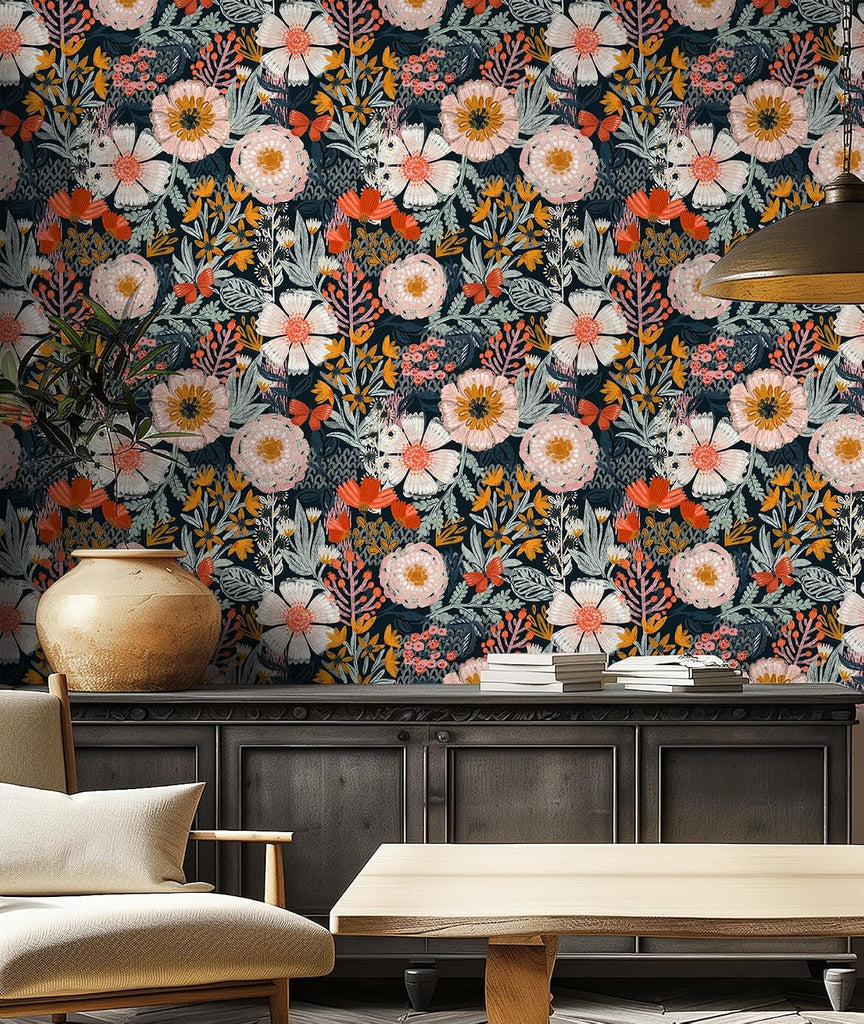Navy Floral Peel and Stick Wallpaper Boho Mural 17.3in x 32.8ft | Vintage Textured Wall Paper Renter Friendly