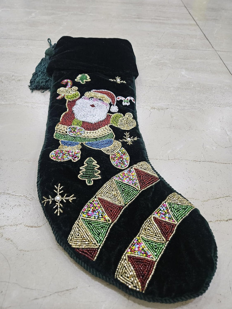 Luxury Green Velvet Christmas Stocking with Beaded Santa Claus Embroidery, Handmade Holiday Stocking with Tassel