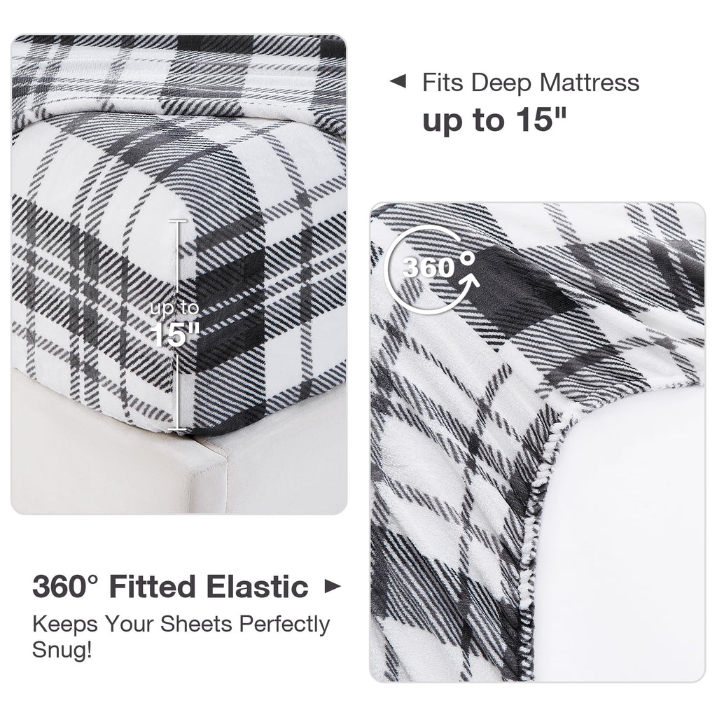 Fleece Sheets Full Size, Flannel Like Soft, Grey White Plaid