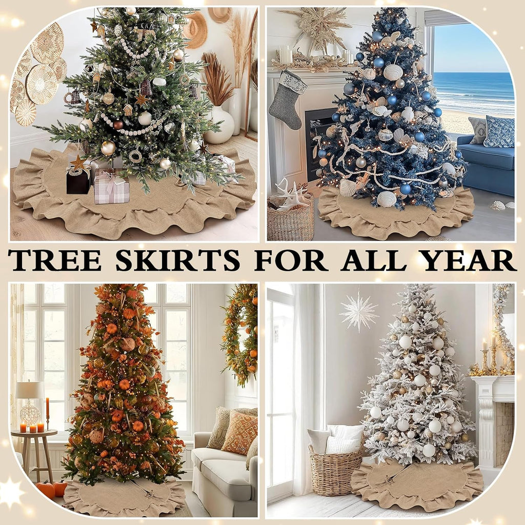 36 Inch Burlap Christmas Tree Skirt, with Ruffle Border and Bow Ties