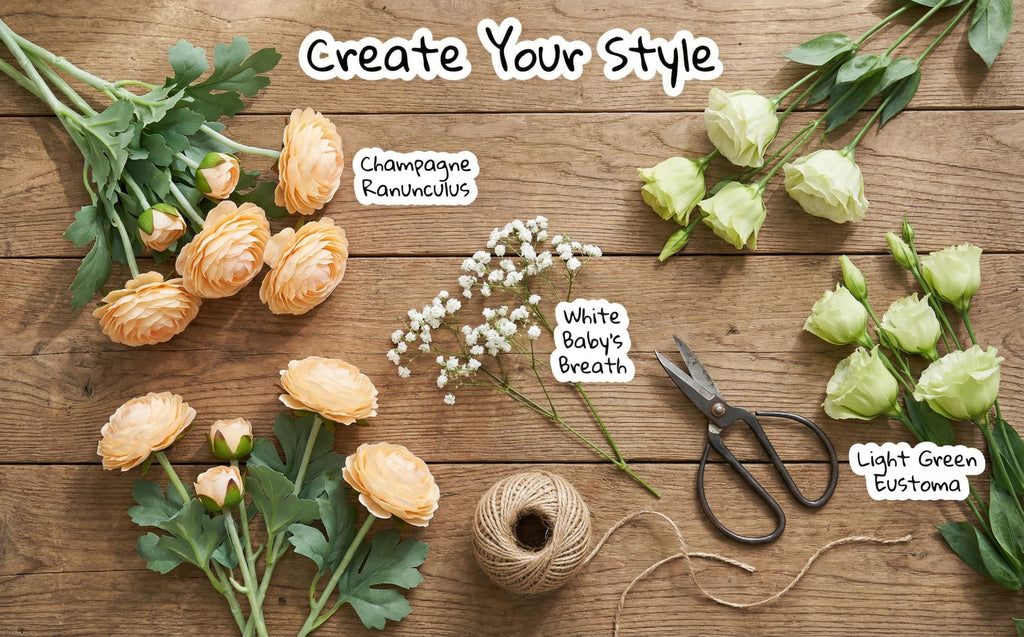 Artificial Ranunculus Flowers with Real Touch Stem, Silk Ranunculus Flowers (Champagne, 6pcs)