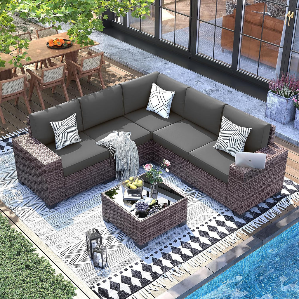 6-Piece Patio Furniture Set, 8 Inch Armrest, 4" Thick Cushion | L Shape Modular Sectional Sofa w/ Glass Coffee Table