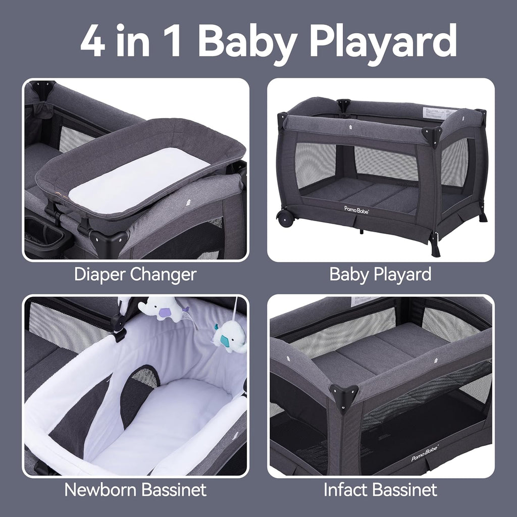 Pack and Play 4-in-1 Baby Playard with Bassinet & Changing Table, Foldable Portable Playpen with Mattress, Travel