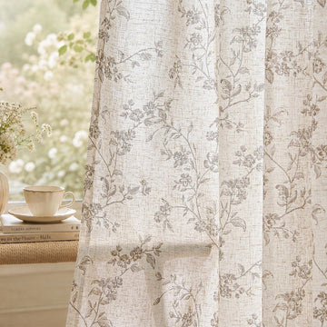 Floral Linen Curtains Taupe Flower Curtain Rod Pocket Back Tab Farmhouse Curtains with Printed Floral
