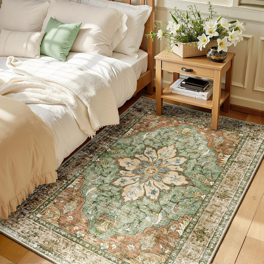 Area Rugs 3'x5' Washable Non-Slip, Floral Vintage Distress Medallion Carpet for Living Room Bedroom 