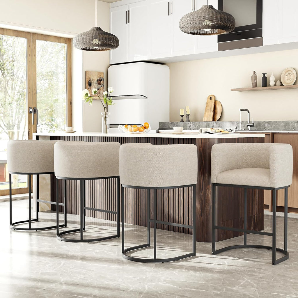26" H Counter Height Bar Stools Set of 2, Modern Barrel Counter Stools with Backrest and Arms, Linen Fabric