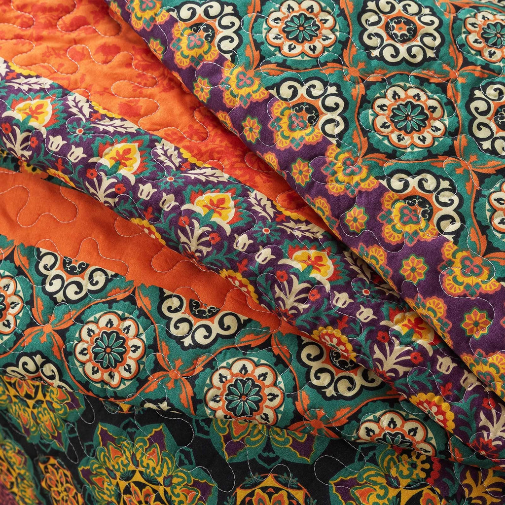 Boho Stripe Quilt Sets Floral Printed Reversible Soft Bohemian Bedding Set with Shams for All Season, Orange Red