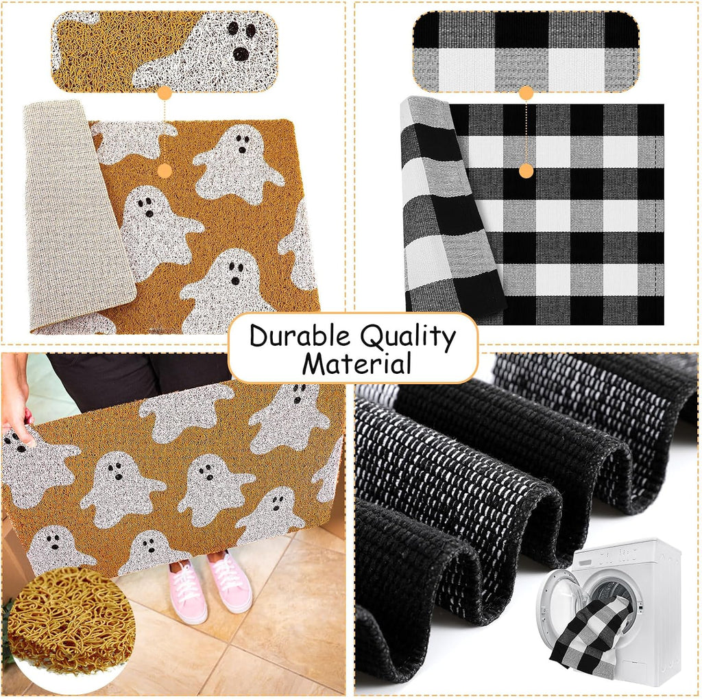 2 Pcs Halloween Fall Welcome Mat Buffalo Plaid Porch Decor | Ghost Layered Design, Non-slip Rug for Front Door