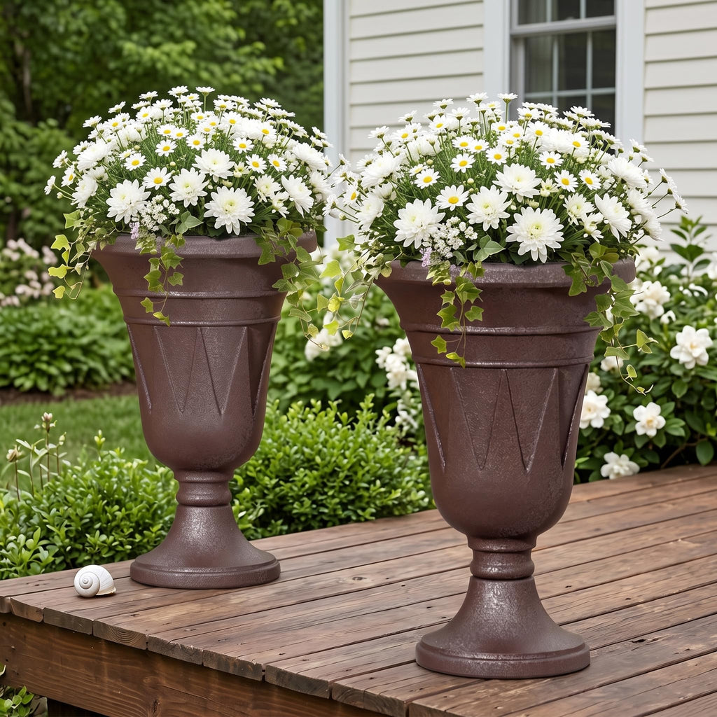 24" Outdoor Urns Planters Large Set of 2, Tall Urn Planters Brown