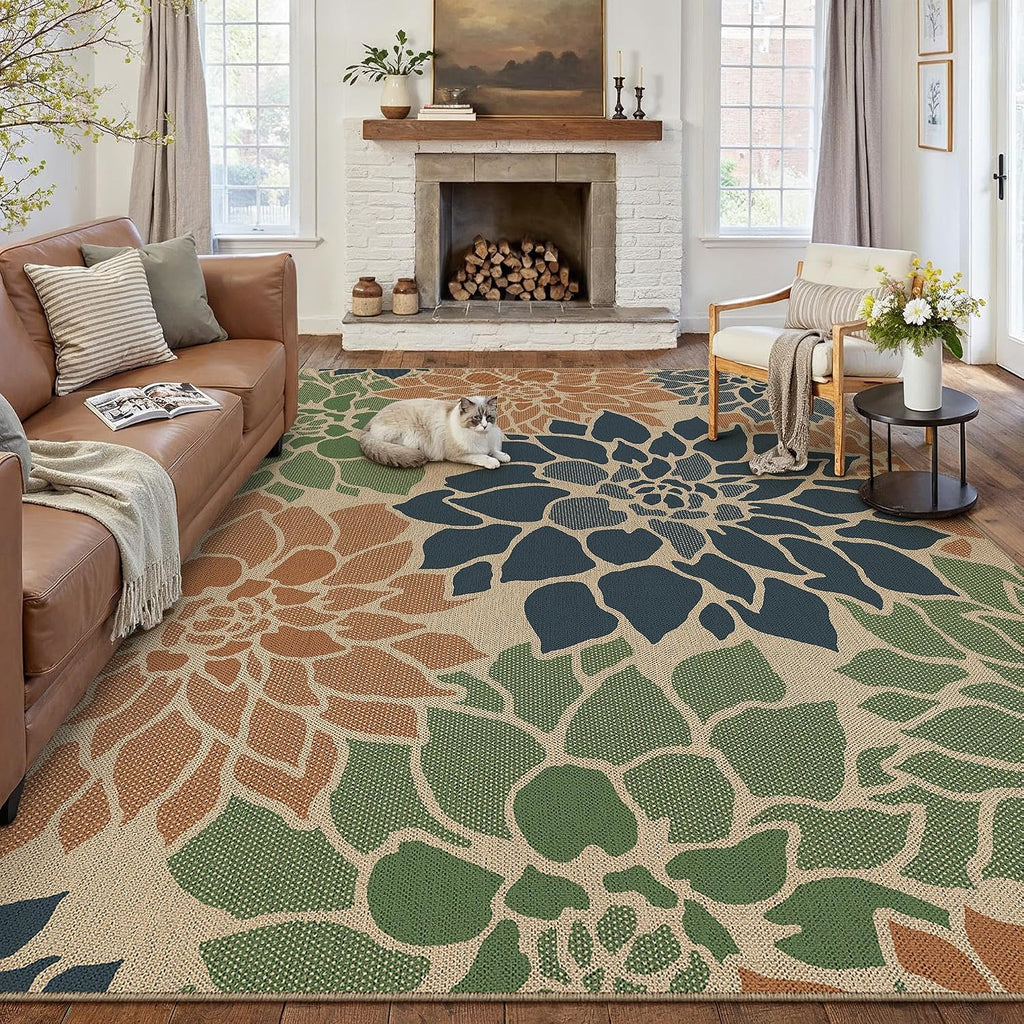 Navy Orange Easy Jute Outdoor Rug Floral Farmhouse Carpet