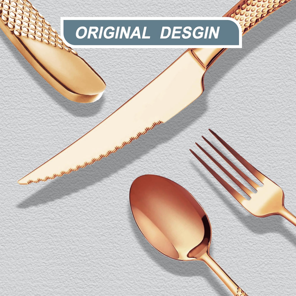 Hammered Rose Gold Stainless Steel 20-Piece Modern Flatware Set