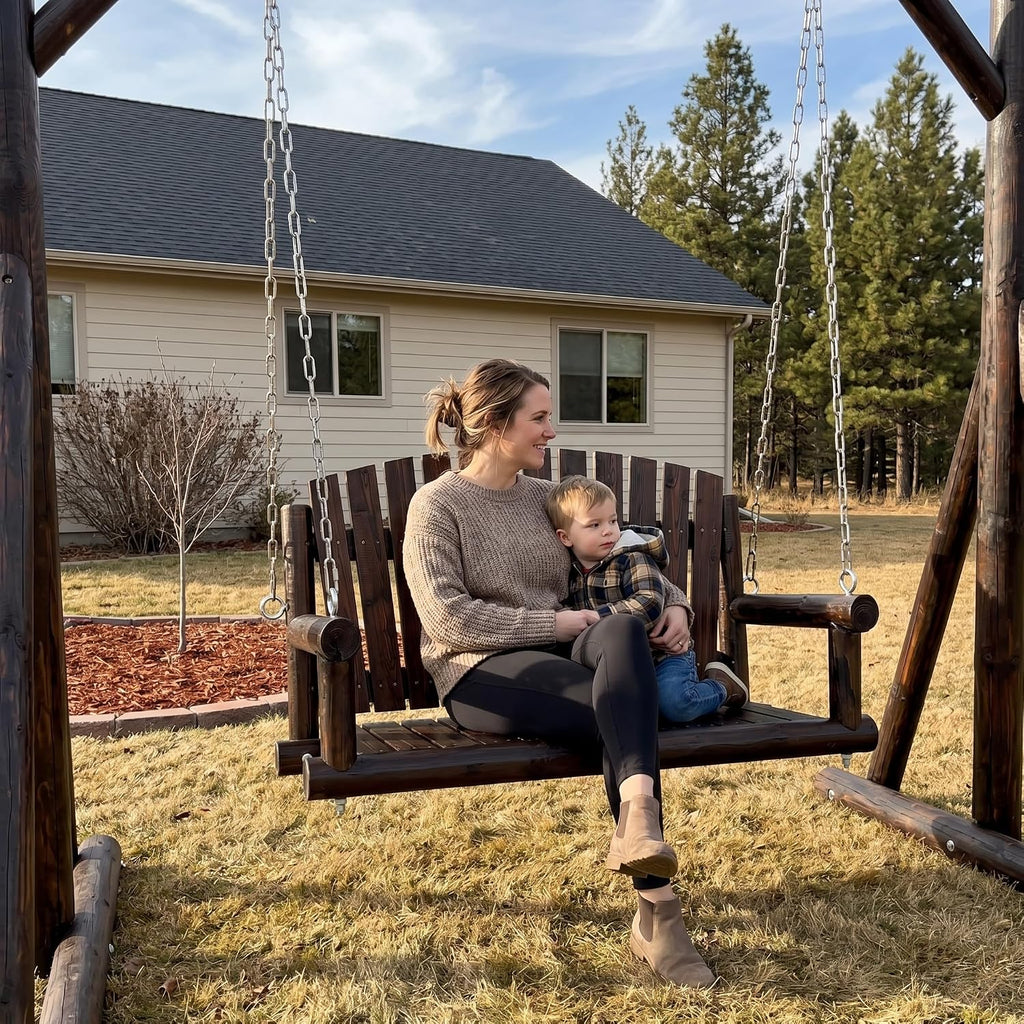 3.5 FT Rustic Log Wooden Porch Swing, Heavy-Duty 900 LBS, Outdoor Hanging Bench , Garden, Yard - Solid Fir Wood