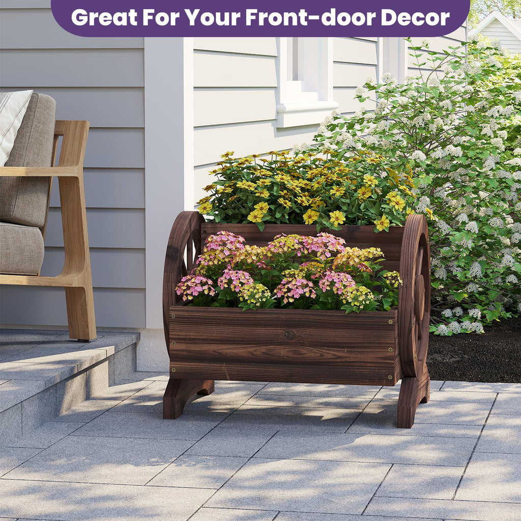 Wooden Wagon Planter Flower Cart Farm Stand Garden Decor Planter for Outdoor Patio Balcony Decoration, Rustic
