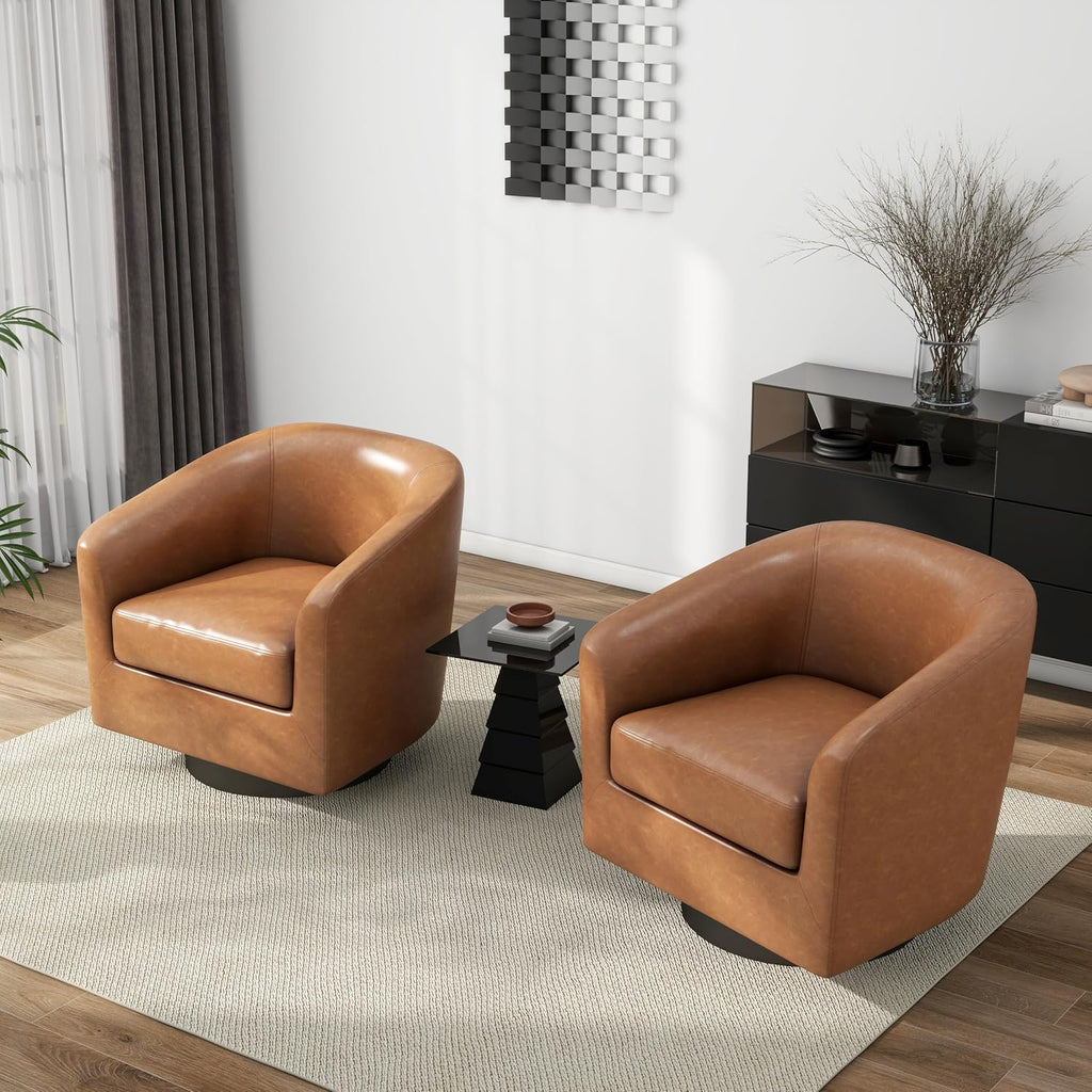 Faux Leather 360° Swivel Barrel Accent Chair Brown - Set of 2