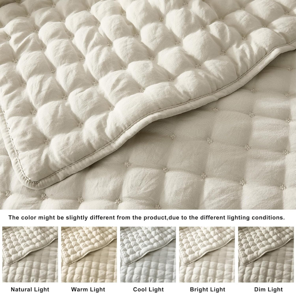 Beige Queen Quilts Bedding Sets with 2 Pillow Shams, Neutral Lightweight Soft Bedspread Coverlet, Quilted Blanket