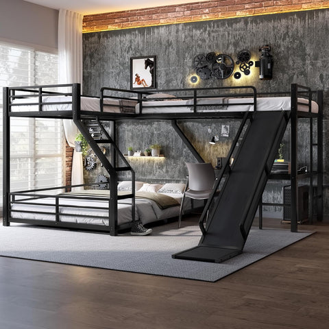 Triple Bunk Beds, L-Shape Twin XL Over Queen Bunk Bed Attached a Loft Bed with Desk