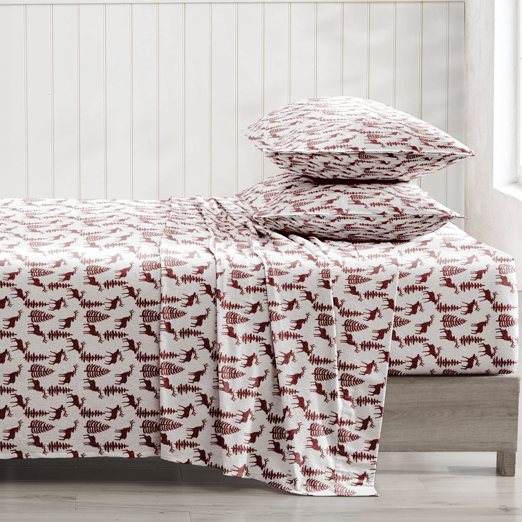 Flannel Sheet Set Cotton Soft Warm & Cozy Modern Chic with Elastic Deep Pockets, King, Deers Red