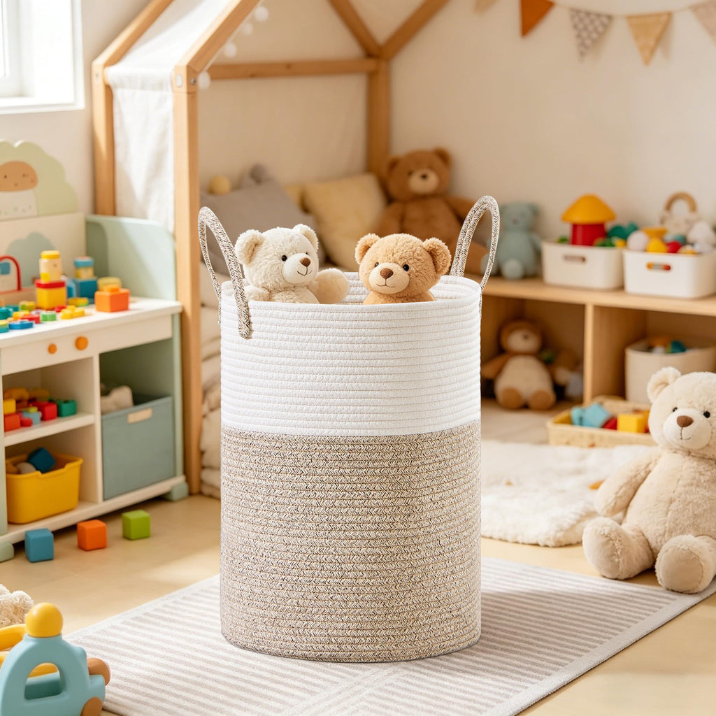 53L Tall Cotton Rope Laundry Basket with Handles, Brown