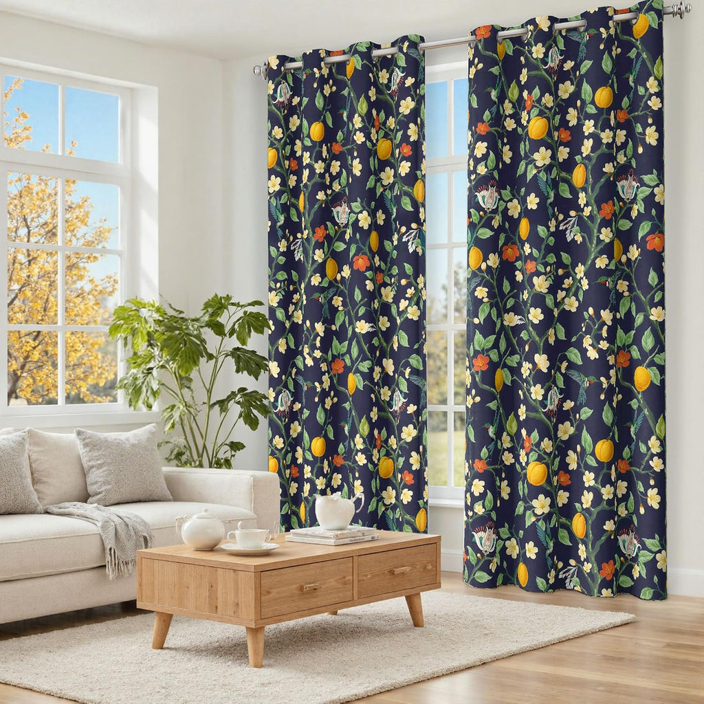 Floral Curtains 100% Blackout, Vintage Hummingbird Black Out Curtain 84 Inches Long, Patterned Thermal Insulated