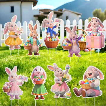 9-Piece Easter Bunny Yard Signs with Stakes, Cute Rabbit Outdoor Lawn Decorations for Easter Egg Hunts, Spring Garden - Set of 9