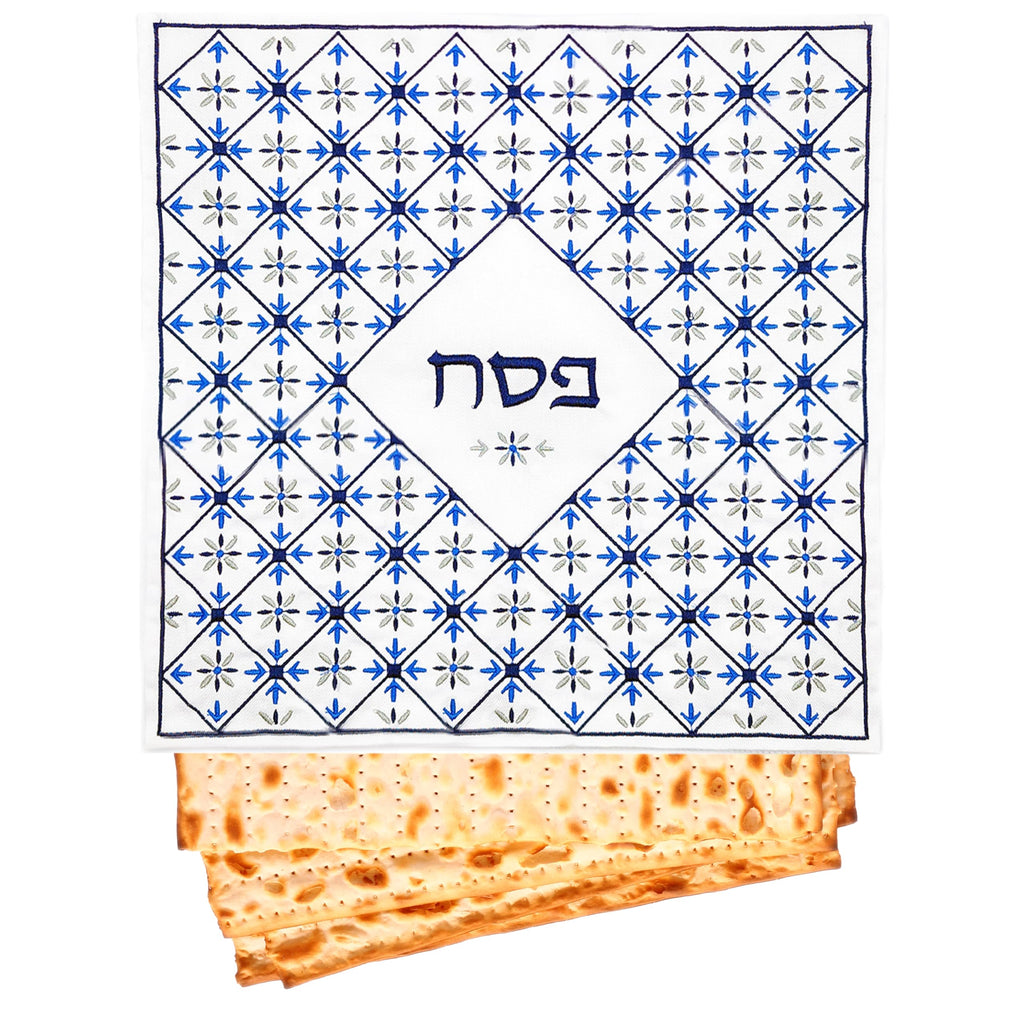 Embroidered Passover Matzah Cover for Passover, Argyle Blue Design