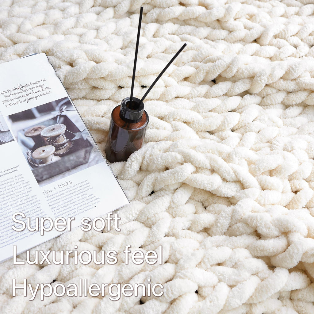 Chunky Knit Throw Blanket for Couch, 50''×60''Knit Throw, Cream