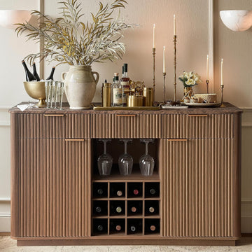 59" Fluted Wine Bar Cabinet, Mid-Century Modern Sideboard, Walnut | Home Bar with Faux Marble Top, 3 Spacious