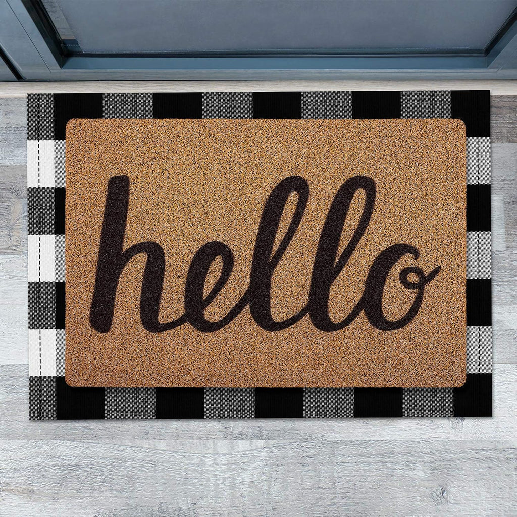 2 Pcs 24'' x 35.5'' Buffalo Plaid Checkered Rug with 18'' x 30'' Hello Doormat, Rubber Non Slip Front Door Mat