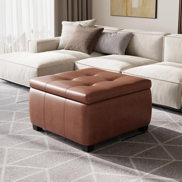 Anivia Faux Leather Square Storage Ottoman Coffee Table, Wooden Ottoman with Storage, Entryway Modern Square