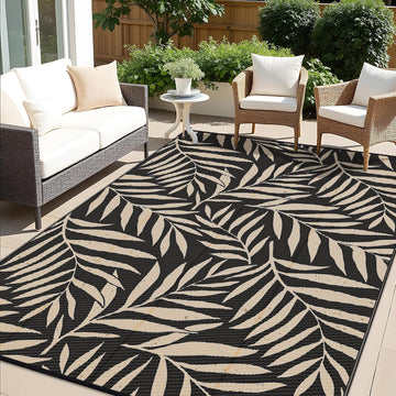 Outdoor Rug Waterproof Reversible Leaf Mat, Black & Beige