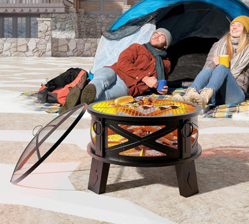 26"Steel Fire Pit with Grill Grate&Spark Screen,360° Airflow Boost Technology,Less Smoke,Larger Flames,Heavy-Duty