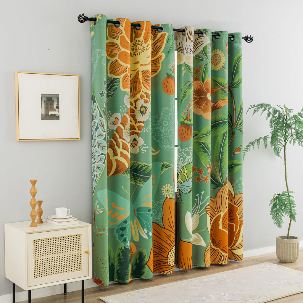 Sage Green Floral Butterfly Blackout Curtains, 52W x 63L, 2 Panels