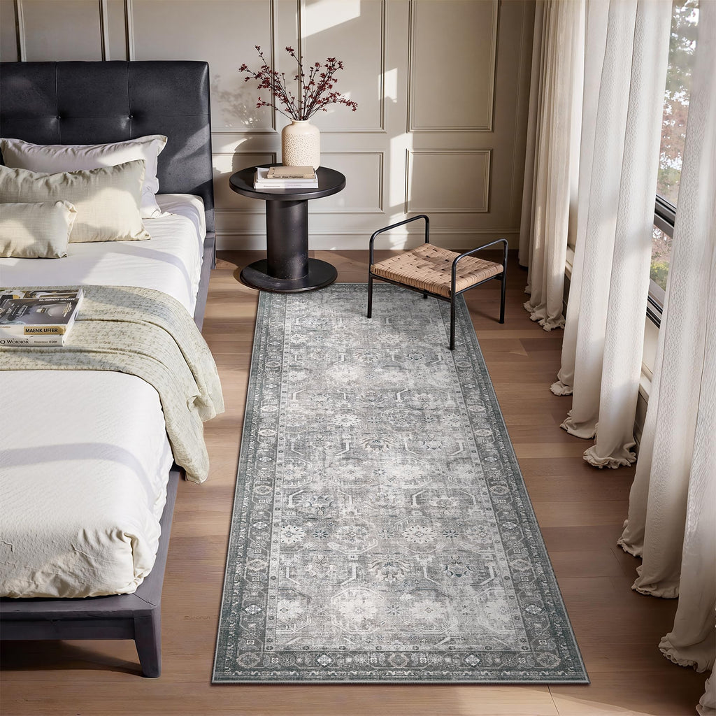 Runner Rug, Washable Non Slip Low Pile Kitchen Runner, Soft Boho Modern Rug s, Bedroom, Distressed Grey