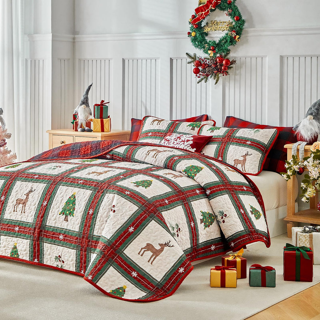 Christmas Quilt Set Patchwork Plaid Style with Green Red Plaid and Deer Tree Berry Reversible Gingham Design - Xmas