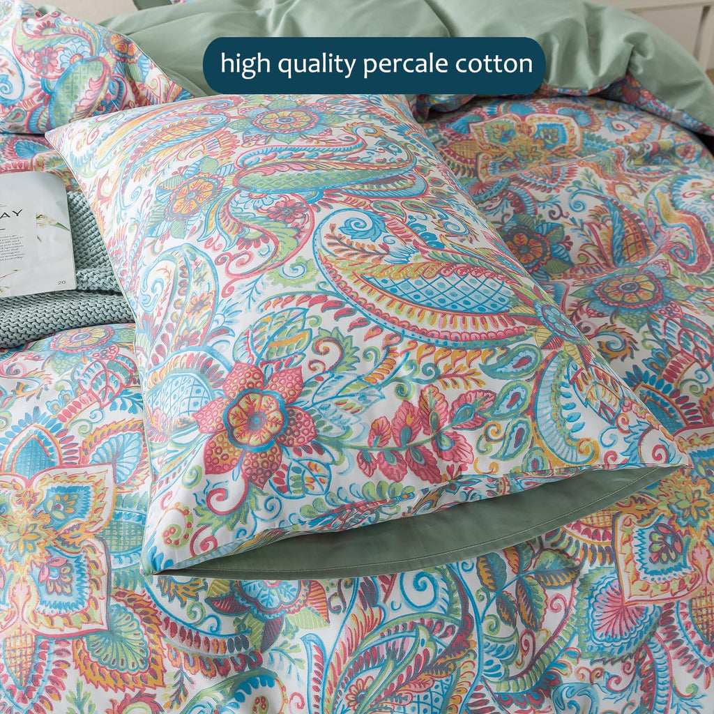 Pink Green Duvet Cover Set Queen Size 100% Percale Cotton Paisley Comforter Cover Floral Printed Watercolor Bedding