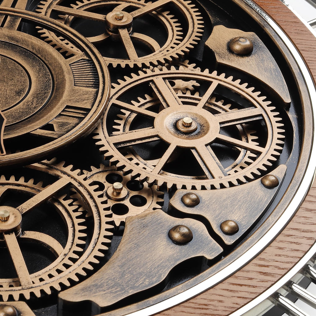 21 Inch Large Steampunk Wall Clock with Moving Gears Wooden Brown