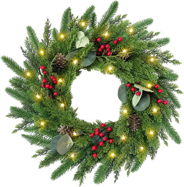24 Inch Christmas Wreath for Front Door Artificial Wreath with Lights Red | Pinecones, Red Berries, Eucalyptus &