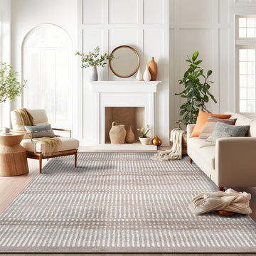 Contemporary Stripe Lines High Traffic Area Rug Beige
