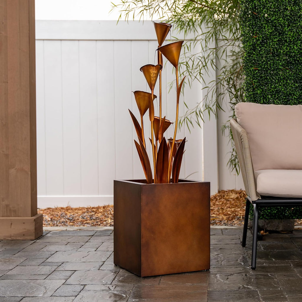 46-Inch Sculptural Metal Multi-Tier Flower Water Fountain, Bronze