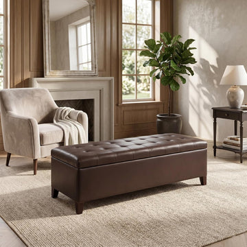 Ottoman with Storage, 51 Inch Large Ottomans Storage Bench | Faux Leather Upholstered End of Bed Bench with Hinged