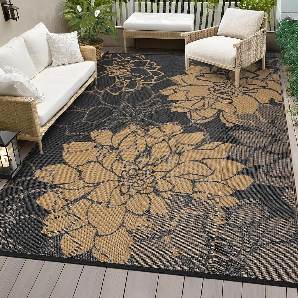 Outdoor Rug Reversible Modern Floral Patio Rug Waterproof & Washable Outside Carpet, UV Weather Resistant RV
