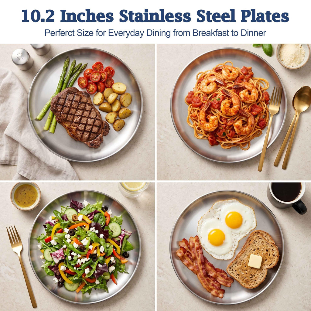 8 PCS Stainless Steel Plate Set, 10.2 Inches Dinner Plates Reusable
