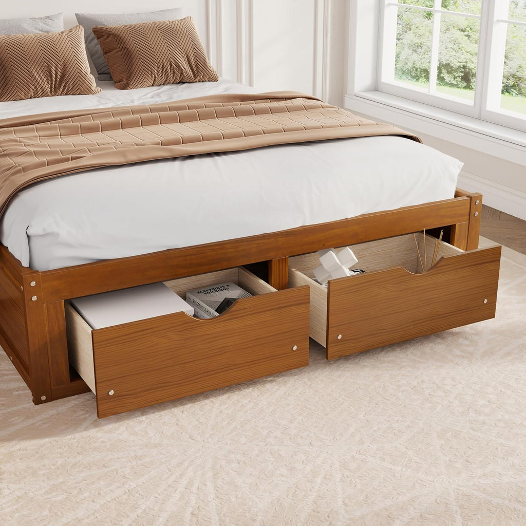 Japanese Queen Size Wooden Floor Bed Frame with 6 Storage Drawers