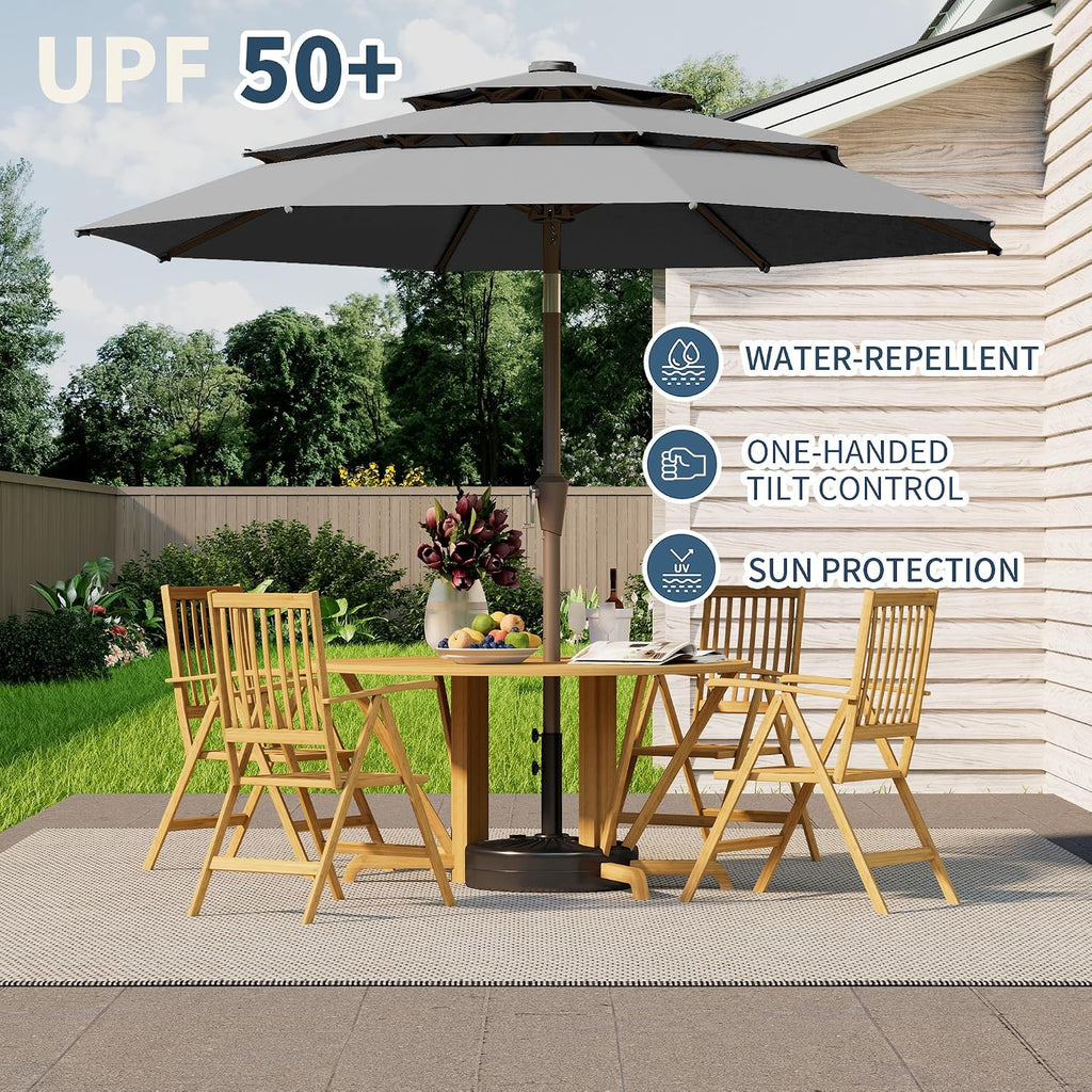 9FT 3 Tiers Patio Umbrella With Auto Tilt And Crank, Outdoor Table Market Umbrella with 8 Sturdy Ribs and Pool