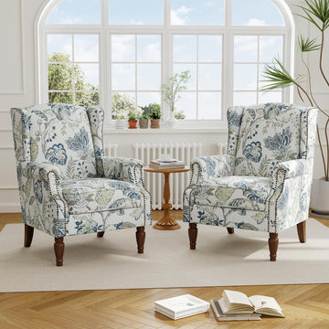 Floral Wingback Accent Chairs with Wood Legs, Plants Blue, Set of 2