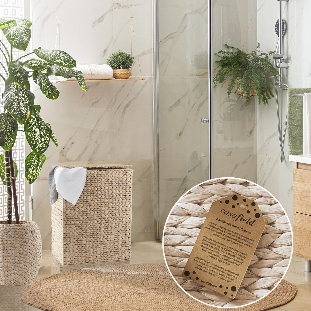 Large Laundry Hamper with Lid and Removable Liner Bag - Whitewash White, Woven Water Hyacinth Rectangular Laundry
