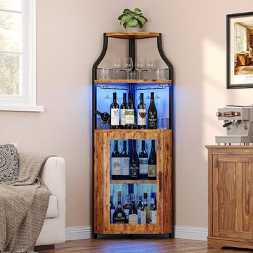 Corner Bar Wine Cabinet with LED Lights, 5-Tier Industrial Wine Cabinet with Glass Holder, Modern Liquor Cabinet with