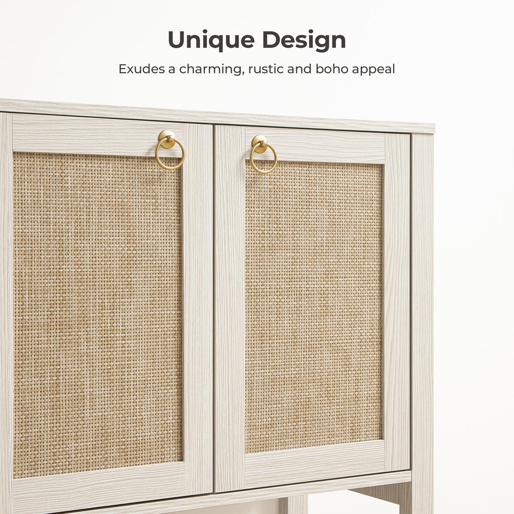 White Rattan 110" Long Sideboard Buffet Cabinet with Door, Credenza