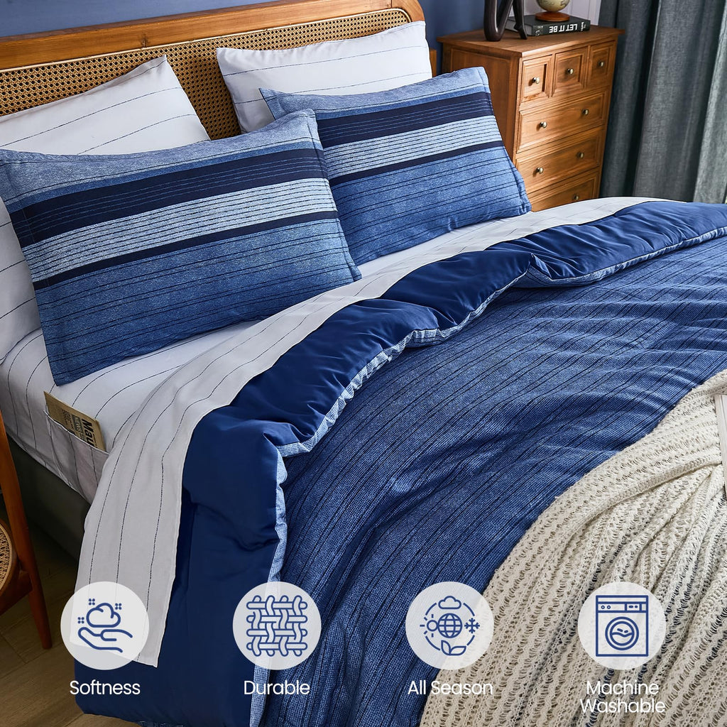 Navy Blue Comforter Set, 7 Pieces Striped Bed in a Bag